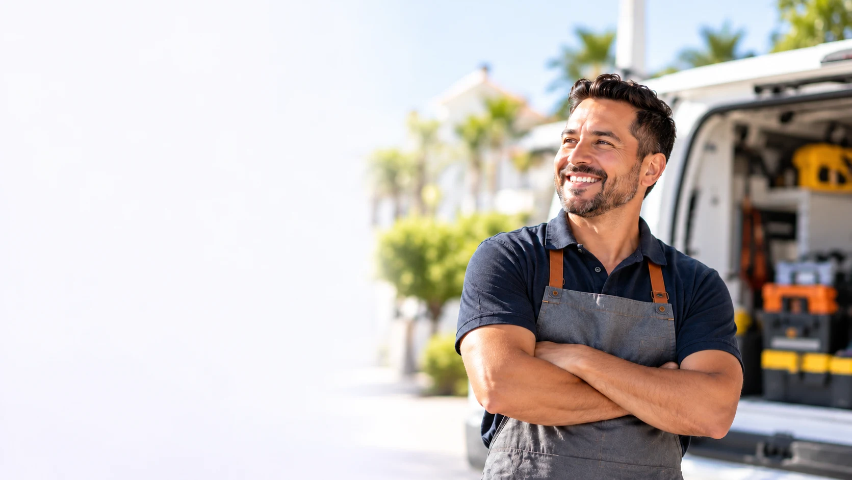 A smiling small-business owner standing beside his service vehicle; AI-recreated image.